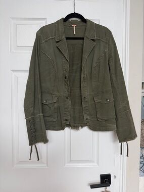 Free People Olive Green Utility Jacket with Lace-Up Sleeves